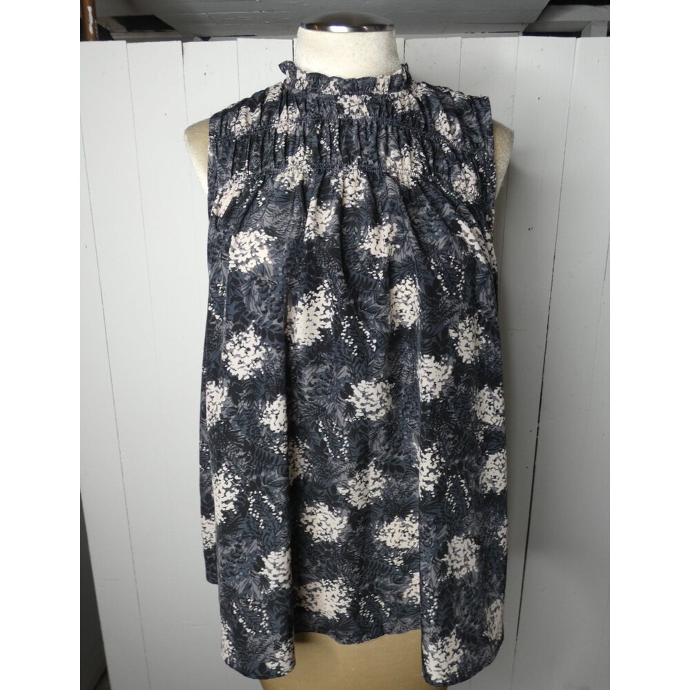 Joie Women's L Baltic Floral Print Top Smocked Neck Sleeveless Grey Cream Black